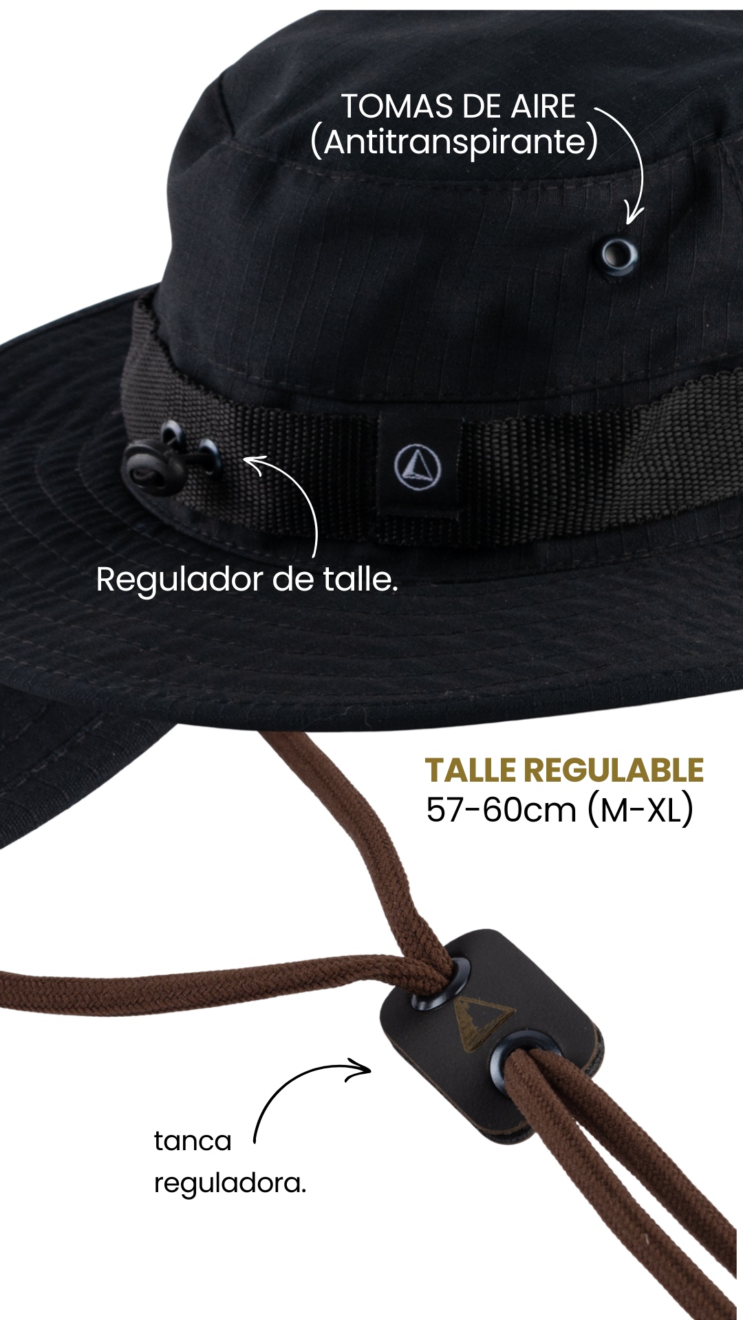 Regulador de talle. TOMAS DE AIRE (Antitranspirante) tanca reguladora. TALLE REGULABLE 57-60cm (M-XL)